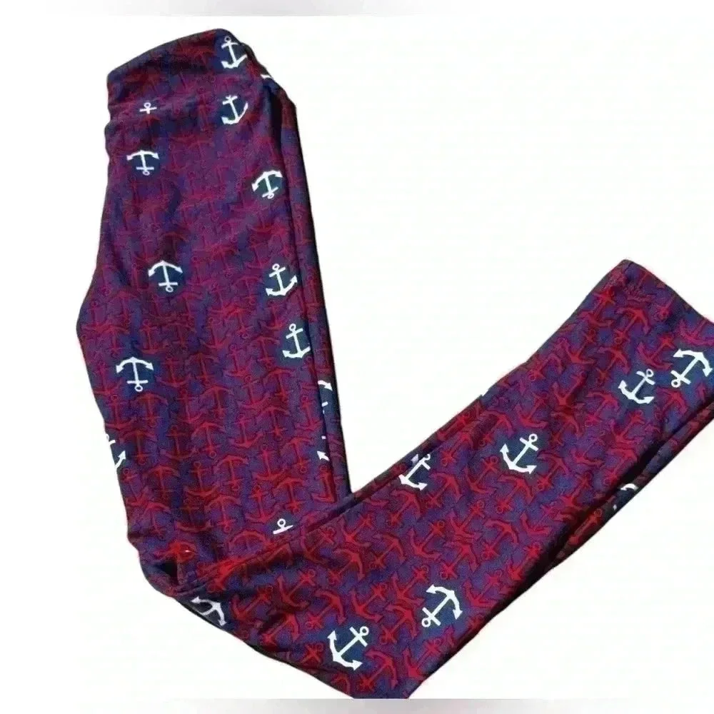 Lularoe kids L/Xl anchor leggings. Blue with red and white. Great nautical print - Picture 2 of 5